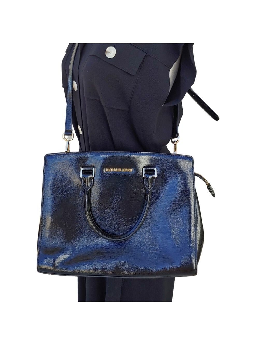 Michael Kors Black Patent LeatherSatchel with Shoulder Strap Gold Hardware